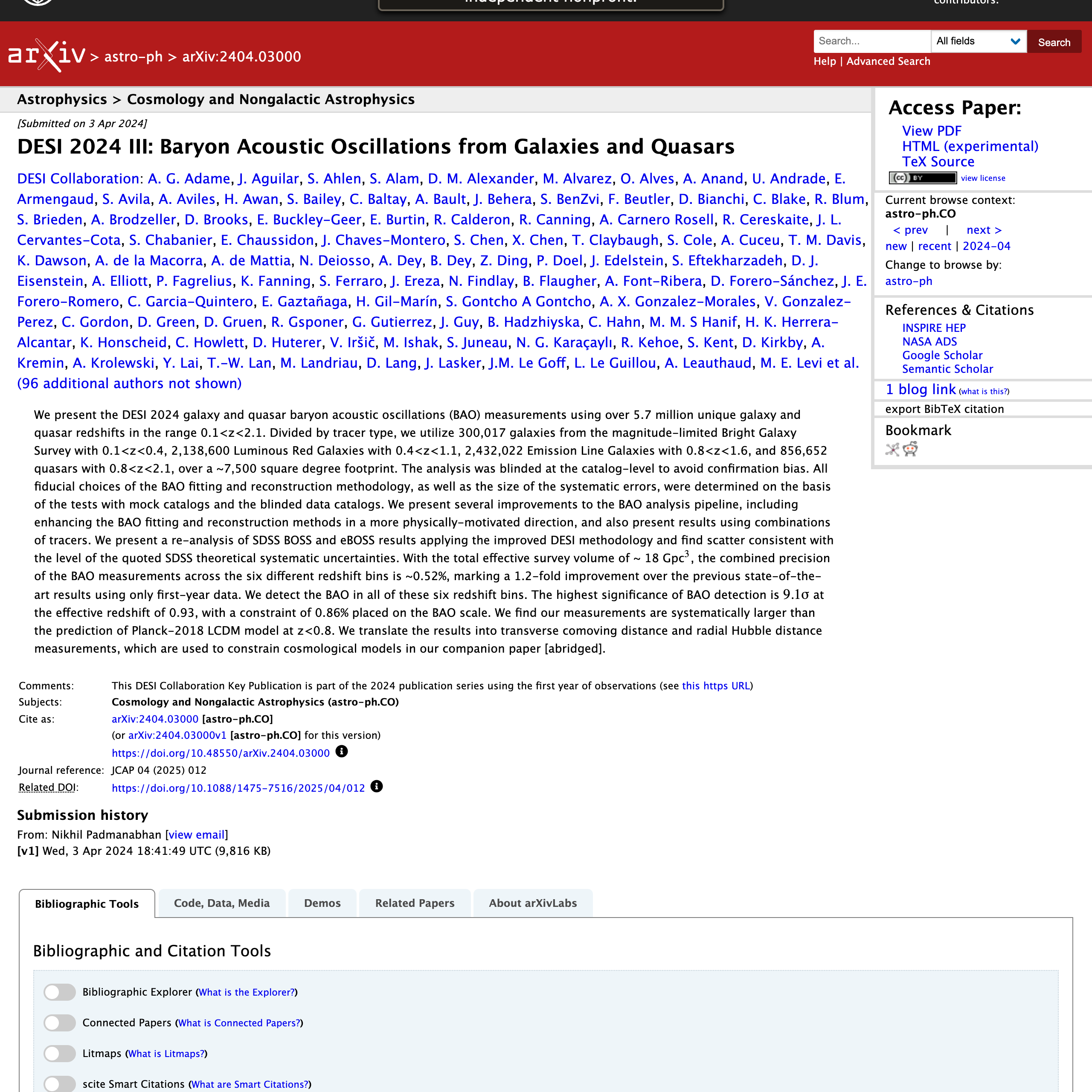 arXiv abstract page for DESI 2024 III: Baryon Acoustic Oscillations from Galaxies and Quasars
