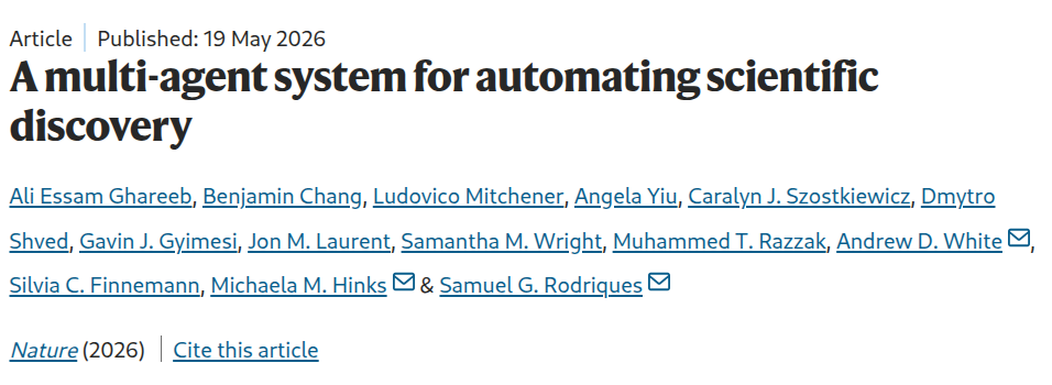 A multi-agent system for automating scientific discovery — Nature 2026