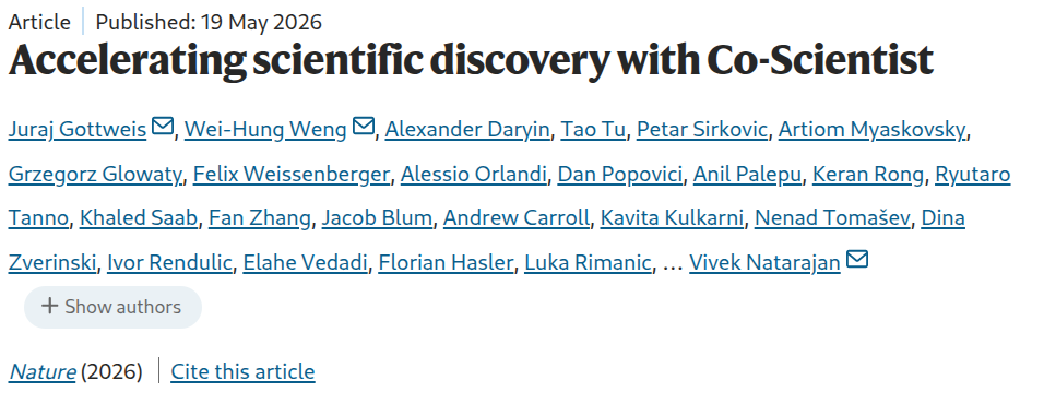 Accelerating scientific discovery with Co-Scientist — Nature 2026